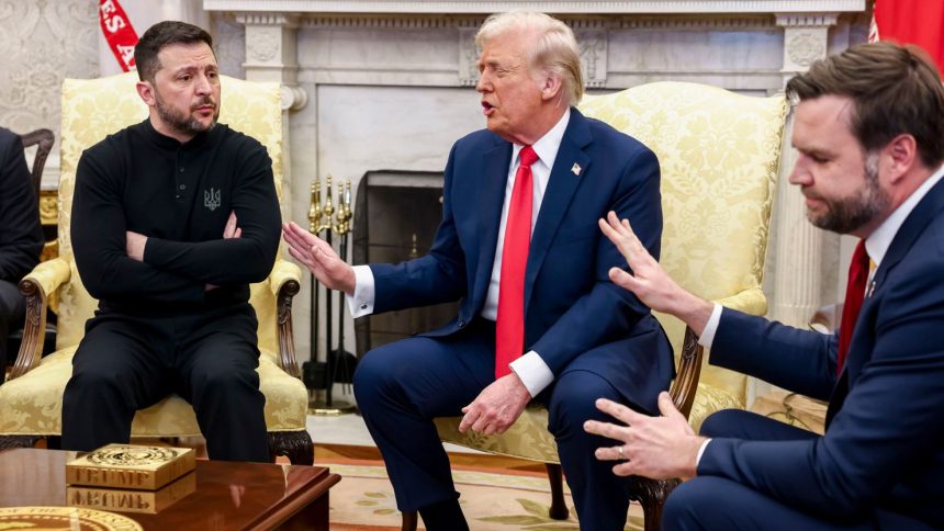 Ukrainian President Volodymyr Zelensky with his US counterpart Donald Trump, and US Vice President JD Vance during a fractious meeting in the Oval Office of the White House on Friday, Feb. 28, 2025.