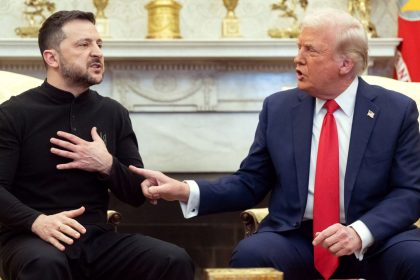 President Donald Trump, right, and Ukraine's President Volodymyr Zelensky meet in the Oval Office of the White House in Washington, DC, February 28.