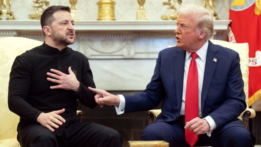 President Donald Trump, right, and Ukraine's President Volodymyr Zelensky meet in the Oval Office of the White House in Washington, DC, February 28.