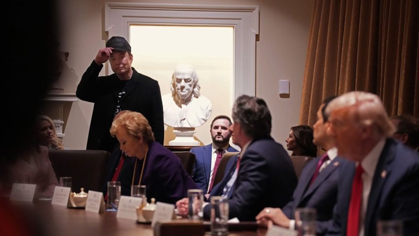 Tesla Elon Musk, who has helped lead the Department of Government Efficiency (DOGE), delivers remarks during a Cabinet meeting held by U.S. President Donald Trump at the White House on February 26, 2025 in Washington, DC. Musk has said he wants to cut $1 trillion from the federal budget deficit.