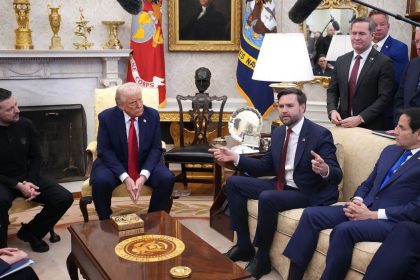 Vice President JD Vance speaks during a meeting with President Donald Trump, Ukrainian President Volodymyr Zelensky and Secretary of State Marco Rubio in the Oval Office on February 28, 2025.