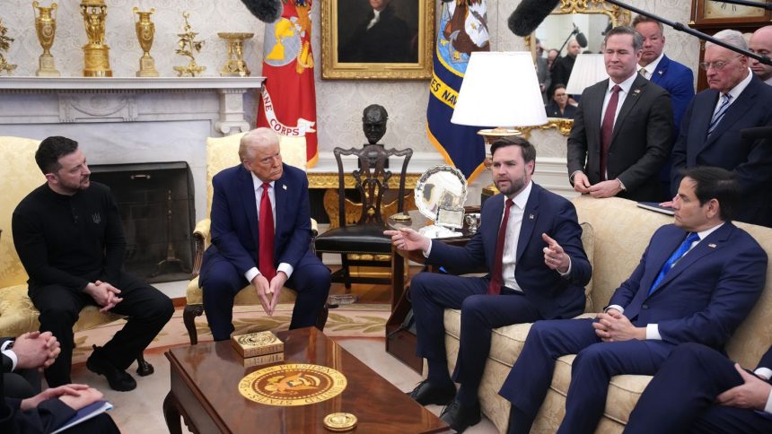 Vice President JD Vance speaks during a meeting with President Donald Trump, Ukrainian President Volodymyr Zelensky and Secretary of State Marco Rubio in the Oval Office on February 28, 2025.