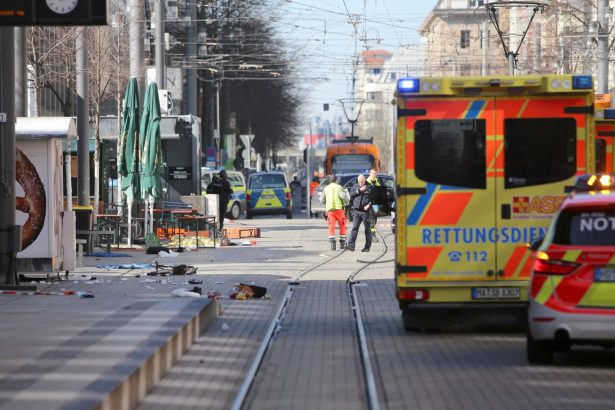 Police respond to an incident at Paradeplatz in the center of Mannheim, Germany, on Monday.