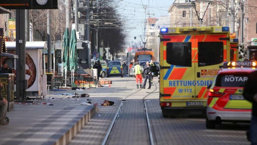 Police respond to an incident at Paradeplatz in the center of Mannheim, Germany, on Monday.