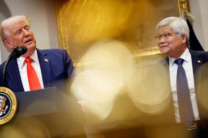 TSMC CEO CC Wei, right, joins a press conference with President Donald Trump at the White House on March 3, 2025.