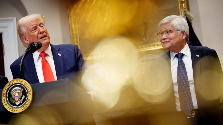 TSMC CEO CC Wei, right, joins a press conference with President Donald Trump at the White House on March 3, 2025.