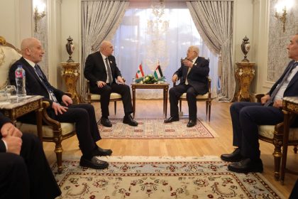 Palestinian President Mahmoud Abbas, center right, meets with Lebanese President Joseph Aoun, center left, during an Emergency Arab summit in Cairo, Egypt, on Tuesday.