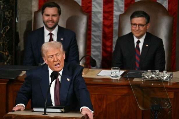 US President Donald Trump speaks during an address to a joint session of Congress at the US Capitol in Washington, DC, on March 4, 2025. (Photo by Jim WATSON / AFP) (Photo by JIM WATSON/AFP via Getty Images)