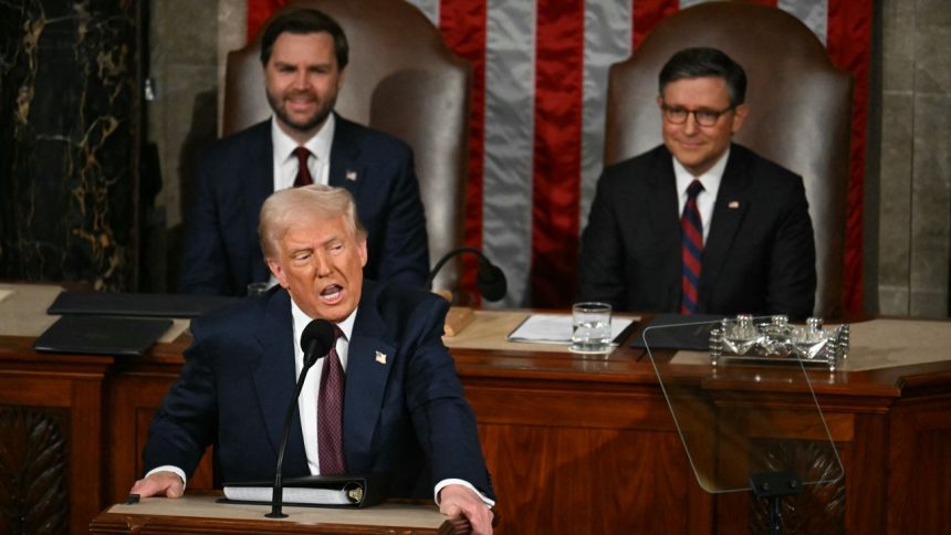 US President Donald Trump speaks during an address to a joint session of Congress at the US Capitol in Washington, DC, on March 4, 2025. (Photo by Jim WATSON / AFP) (Photo by JIM WATSON/AFP via Getty Images)