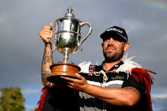 Australian golfer Ryan Peake celebrates after winning the 2025 New Zealand Open at Millbrook Resort on March 2, 2025 in Queenstown, New Zealand.