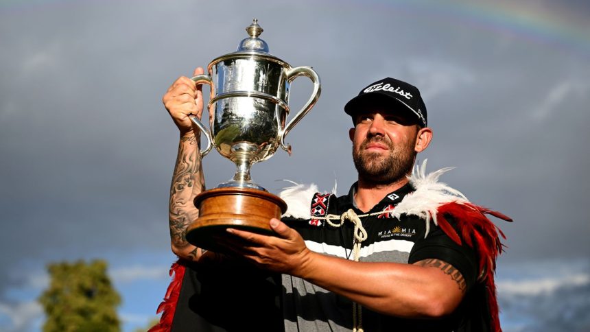 Australian golfer Ryan Peake celebrates after winning the 2025 New Zealand Open at Millbrook Resort on March 2, 2025 in Queenstown, New Zealand.