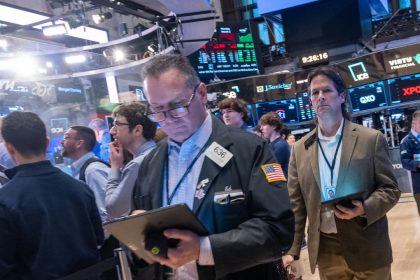 Traders work on the New York Stock Exchange (NYSE) floor on March 03, 2025 in New York City.