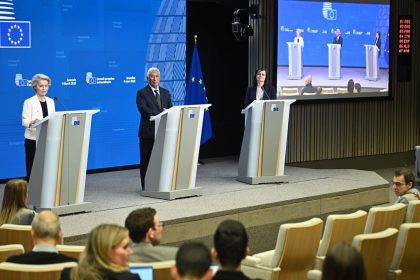 European Commission President Ursula von der Leyen and European Council President Antonio Costa hold a joint press conference following a special European Council meeting in Brussels, Belgium on March 6, 2025.