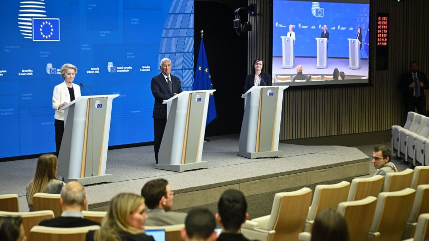 European Commission President Ursula von der Leyen and European Council President Antonio Costa hold a joint press conference following a special European Council meeting in Brussels, Belgium on March 6, 2025.