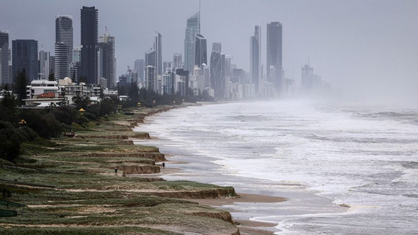 Normally wide Gold Coast beaches had been swallowed by waves on March 7, 2025 as Tropical Cyclone Alfred moved toward the coast.