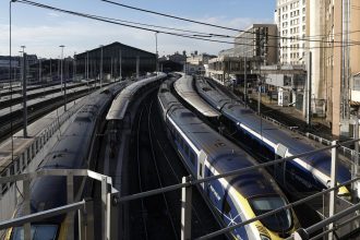 International high-speed rail service trains Eurostar are parked at platforms as traffic has been stopped at the Gare du Nord station in Paris, France, on Friday following the discovery of a World War II bomb.