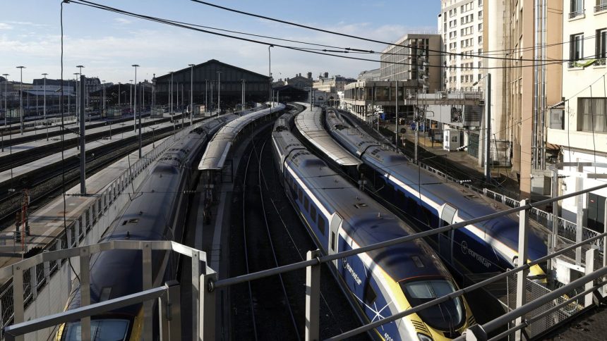 International high-speed rail service trains Eurostar are parked at platforms as traffic has been stopped at the Gare du Nord station in Paris, France, on Friday following the discovery of a World War II bomb.