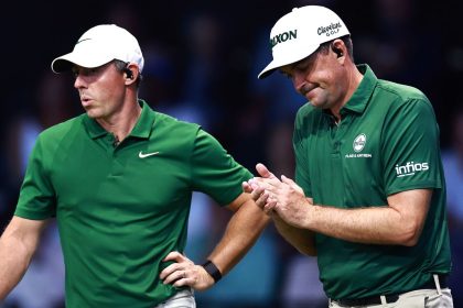 Rory McIlroy (left) of Boston Common Golf reacts during the team's final match of the regular season.