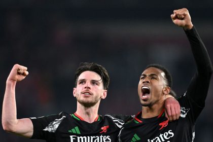 Declan Rice (left) and Gabriel celebrate during Arsenal's 7-1 win against PSV.