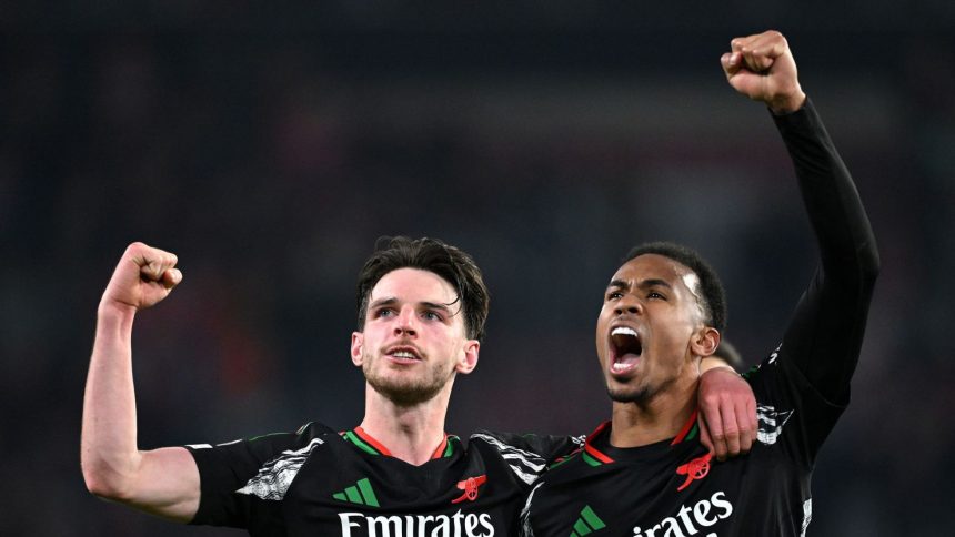 Declan Rice (left) and Gabriel celebrate during Arsenal's 7-1 win against PSV.