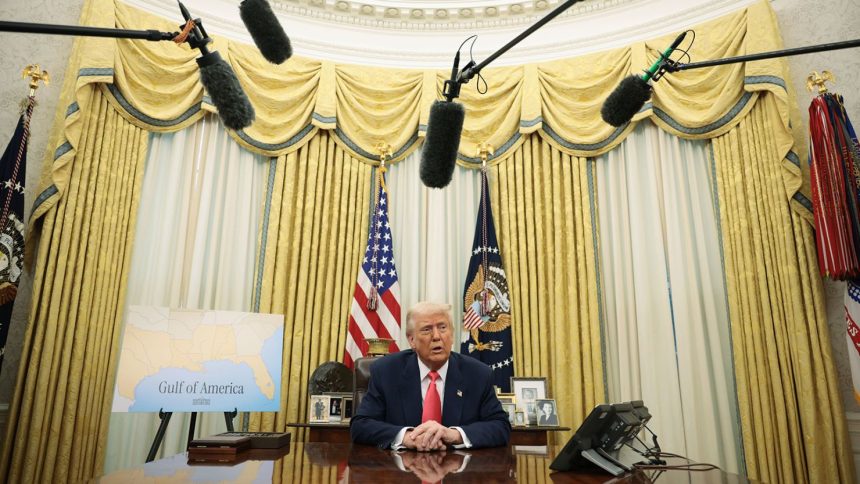 President Donald Trump speaks as he signs executive orders in the Oval Office of the White House on March 6, 2025, in Washington, DC.