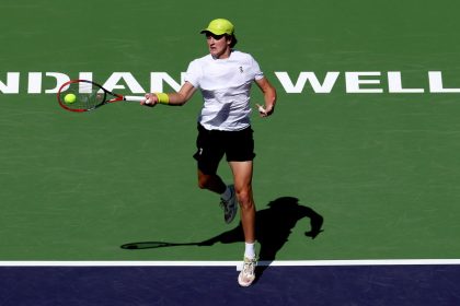 Fonseca hits a forehand – his trademark shot – against Jacob Fearnley at Indian Wells.