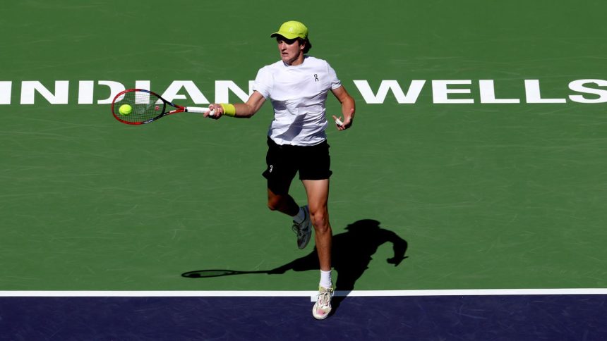 Fonseca hits a forehand – his trademark shot – against Jacob Fearnley at Indian Wells.