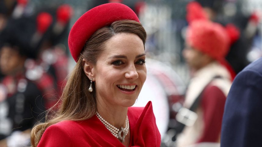 Catherine, Princess of Wales, smiles as she arrives to attend the annual Commonwealth Day service at Westminster Abbey in London.