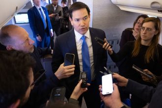 US Secretary of State Marco Rubio speaks with the media on his military airplane as he flies to Jeddah, Saudi Arabia, March 10, 2025. Rubio arrived in the Red Sea port city of Jeddah ahead of the talks with Ukrainian officials expected on March 11, leading a delegation including Mike Waltz, US President Donald Trump's national security adviser.