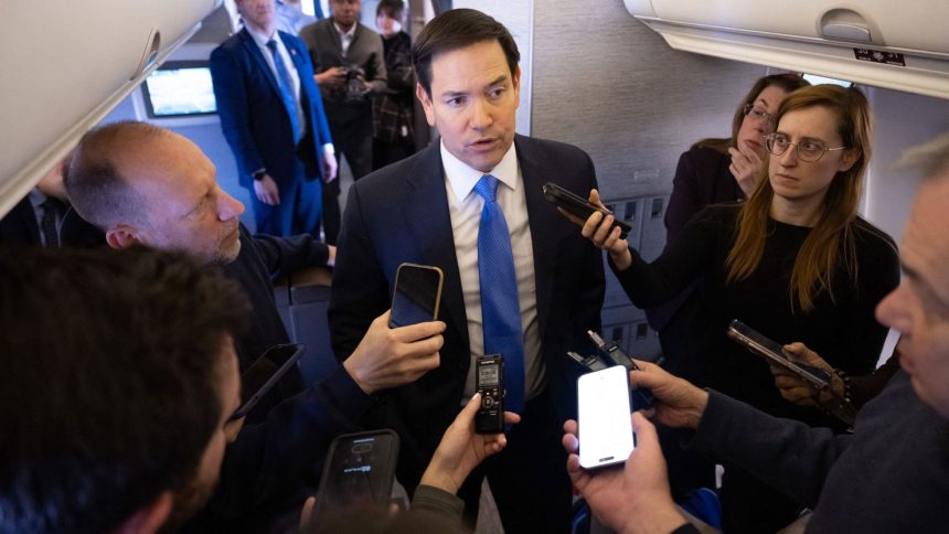 US Secretary of State Marco Rubio speaks with the media on his military airplane as he flies to Jeddah, Saudi Arabia, March 10, 2025. Rubio arrived in the Red Sea port city of Jeddah ahead of the talks with Ukrainian officials expected on March 11, leading a delegation including Mike Waltz, US President Donald Trump's national security adviser.