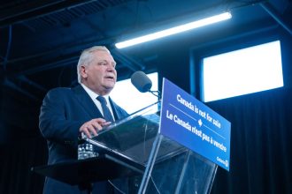 Ontario Premier Doug Ford gives remarks at a press conference in Toronto, Canada, on Monday.