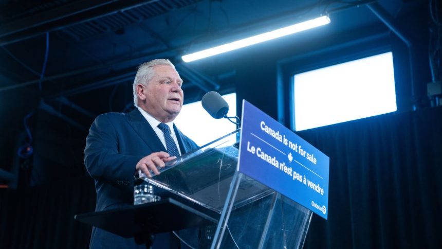 Ontario Premier Doug Ford gives remarks at a press conference in Toronto, Canada, on Monday.