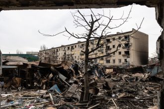 The aftermath of a large scale Russian attack on a residential complex in Dobropillia, Ukraine, on Monday.