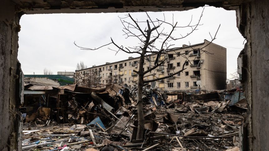 The aftermath of a large scale Russian attack on a residential complex in Dobropillia, Ukraine, on Monday.