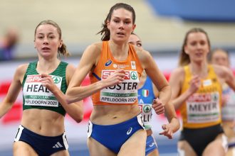 Maureen Koster came second in her heat before falling during the 3,000m final.