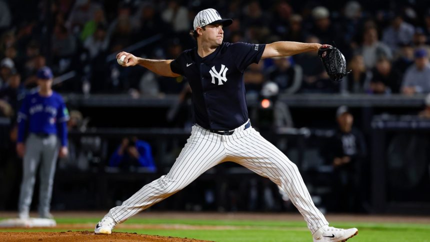 New York Yankees ace Gerrit Cole delivers a pitch during a spring training game against the Toronto Blue Jays in Tampa, Florida, on February 28.