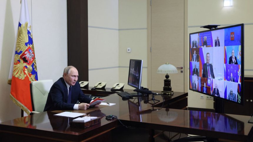 Russia's President Vladimir Putin chairs a security council meeting via videoconference at the Novo-Ogaryovo state residence outside Moscow on Friday.