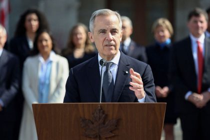 Canada's Prime Minister Mark Carney speaks during a news conference at Rideau Hall after a swearing in ceremony in Ottawa on Friday.