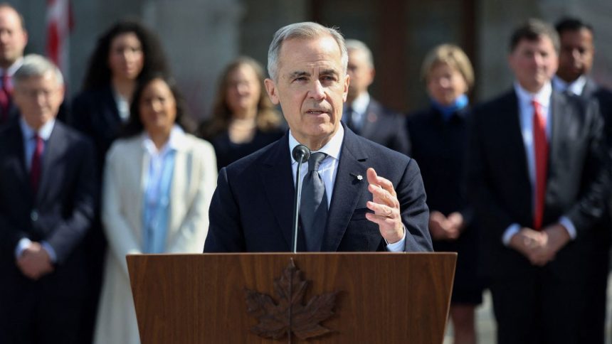 Canada's Prime Minister Mark Carney speaks during a news conference at Rideau Hall after a swearing in ceremony in Ottawa on Friday.