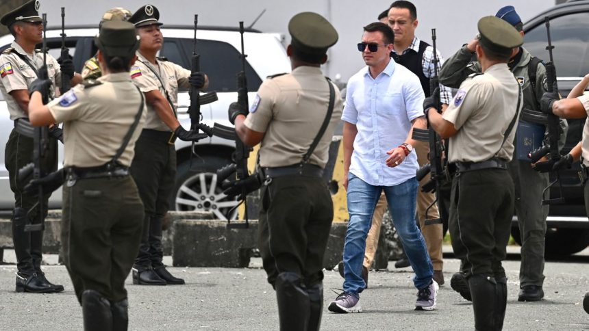 Ecuador's President Daniel Noboa arrives at a ceremony to hand over 120 patrol cars to the National Police in Guayaquil, Ecuador on March 14, 2025.