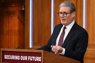 Britain's Prime Minister Keir Starmer holds a press conference in the Downing Street Briefing Room on Saturday.