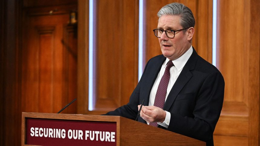 Britain's Prime Minister Keir Starmer holds a press conference in the Downing Street Briefing Room on Saturday.