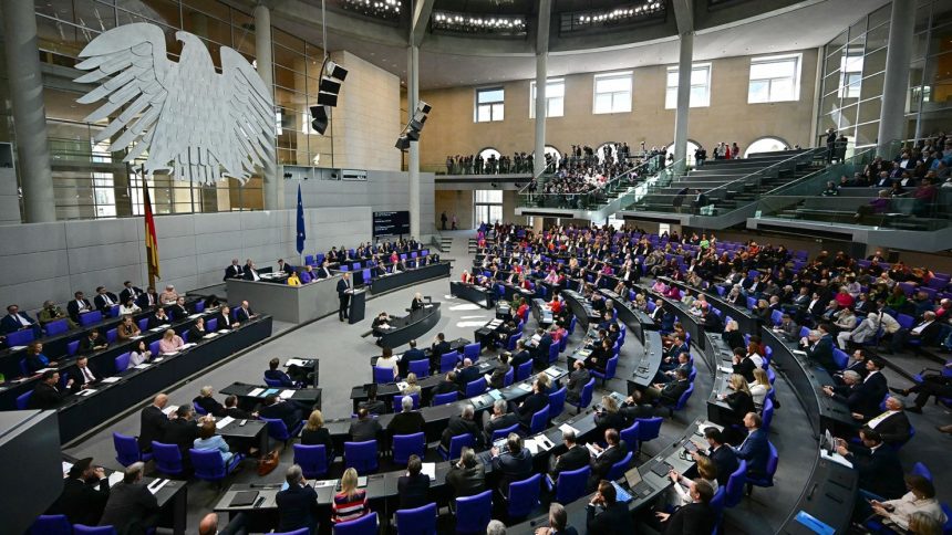 Friedrich Merz, leader of Germany's Christian Democratic Union, speaks during a session of the lower house of parliament on March 18, 2025, in Berlin.