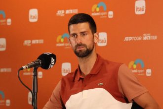 Djokovic speaks at a news conference at the Miami Open.