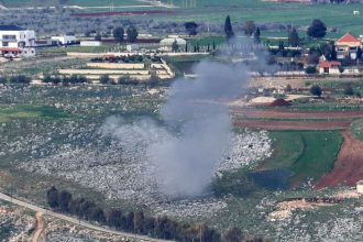 Smoke billows from the site of Israeli artillery shelling that targeted the area of the southern Lebanese village of Yohmor on March 22, 2025.