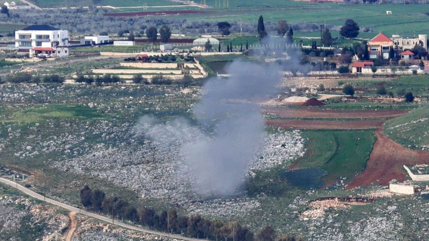 Smoke billows from the site of Israeli artillery shelling that targeted the area of the southern Lebanese village of Yohmor on March 22, 2025.