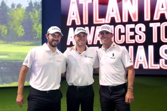 (Left to right) Patrick Cantlay, Justin Thomas and Billy Horschel of Atlanta Drive GC celebrate reaching the TGL Finals.