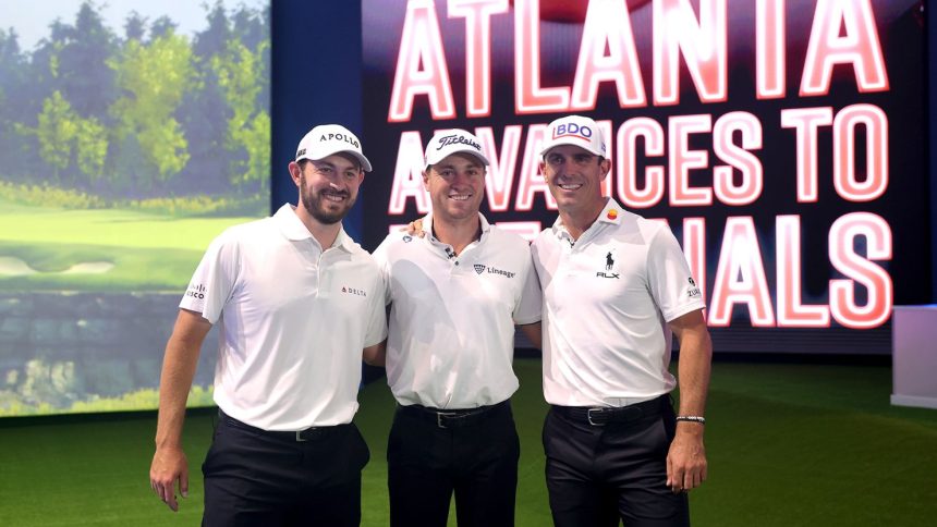 (Left to right) Patrick Cantlay, Justin Thomas and Billy Horschel of Atlanta Drive GC celebrate reaching the TGL Finals.