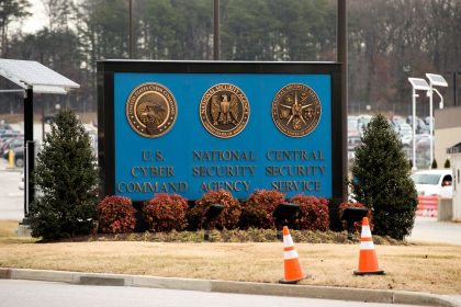 A sign for the US Cyber Command is seen near the visitor's entrance to the headquarters of the National Security Agency in Fort Meade, Maryland, in 2018.