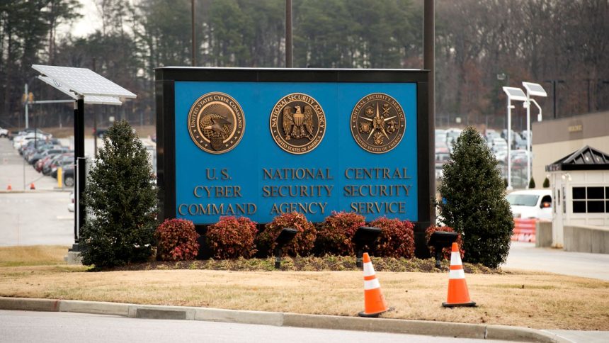 A sign for the US Cyber Command is seen near the visitor's entrance to the headquarters of the National Security Agency in Fort Meade, Maryland, in 2018.